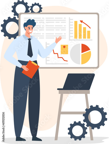 Flat vector illustration. A young man is giving a presentation, with a laptop computer on the table. Business presentation and business concept . Vector illustration