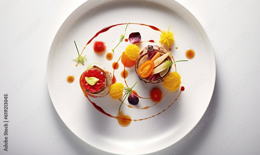 a white plate topped with two small cakes covered in toppings. generative ai a white plate topped with two small cakes covered in toppings. generative ai