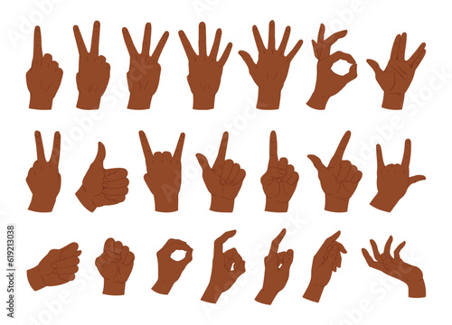 Cartoon hand gestures. Human palms with various gesture  ok  thumb up  peace and pointing gesture flat vector illustration set. Hands gestures collection