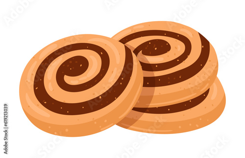 Chocolate pinwheel cookies. Cartoon homemade tasty cookies with chocolate filling flat vector illustration. Classic chocolate and vanilla pinwheel cookies