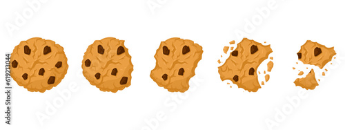 Cookies eating process. Cartoon bitten chocolate chip crunchy biscuits, cookie crumbs flat vector illustration set. Sweet crumbled cookies