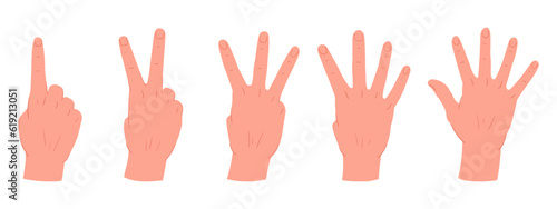 Counting hands gestures. Cartoon hand palms with count from one to five gestures. Human hands with countdown gestures flat vector illustration set