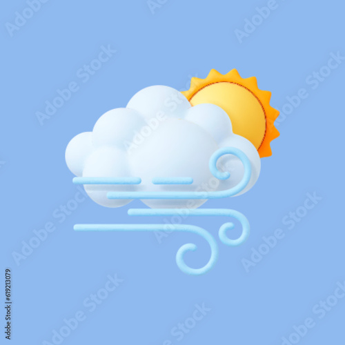 Wind weather 3d icon. Realistic cloud on blue, windy day symbol. Autumn, winter, summer or spring vector render element
