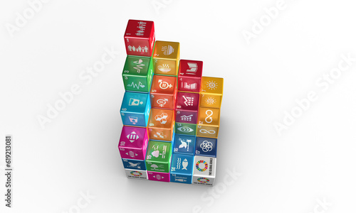 Pyramid of colorful blocks on white background. Sustainable Development global goals. High-quality Illustration. 3D rendering. Kids Educational content.