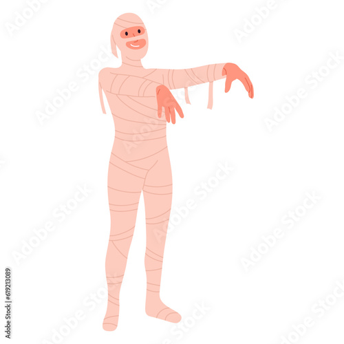 Halloween party mummy costume. Guy wearing funny mummy masquerade costume. Holiday party celebration flat vector illustration
