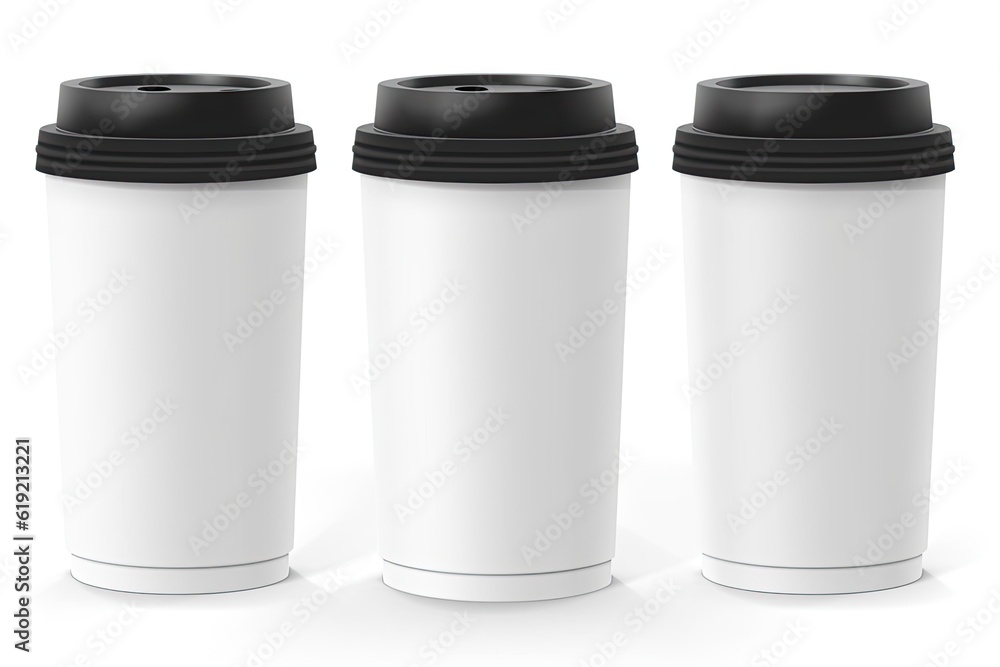 Illustration of three modern coffee cups with black lids on a minimalist white background Illustration of three modern coffee cups with black lids on a minimalist white background