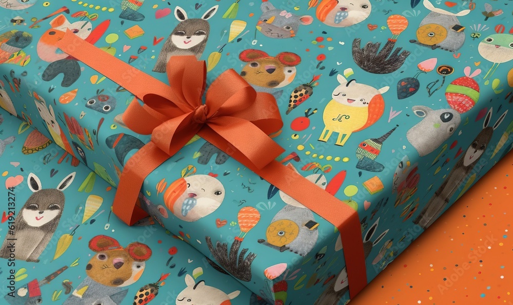  a wrapped gift box with a red ribbon on an orange background.  generative ai