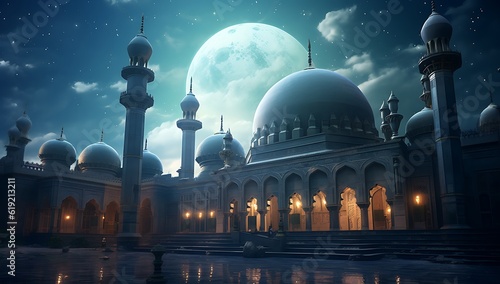 A mosque at night with full moon and stars ai generated