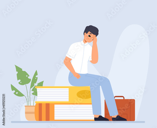 Tired student sitting on book pile. Exams, work and study. Hard life rhythm, cartoon boy frustrated. Modern lifestyle, vector scene