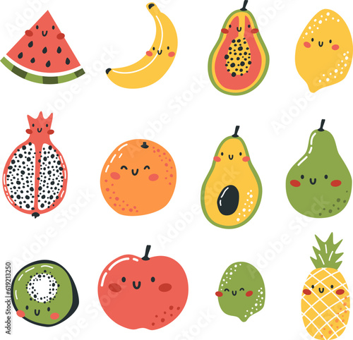 Vector set in Scandinavian style. Cute smiling fruit with faces. Apple banana kiwi lemon lime kiwi watermelon orange avocado pear lime pineapple pitahaya papaya. Vector illustration