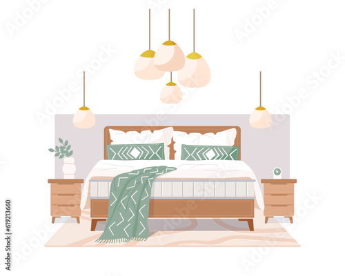 Classic bedroom interior for parents. Large double wooden bed on legs with high mattress, bedside tables, carpet, ceiling lamp. Vector illustration isolated on white background.