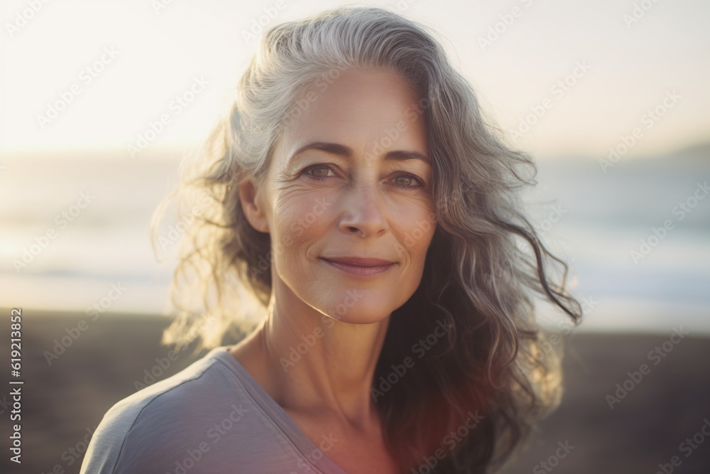 Smiling middle age grey-haired woman on the beach