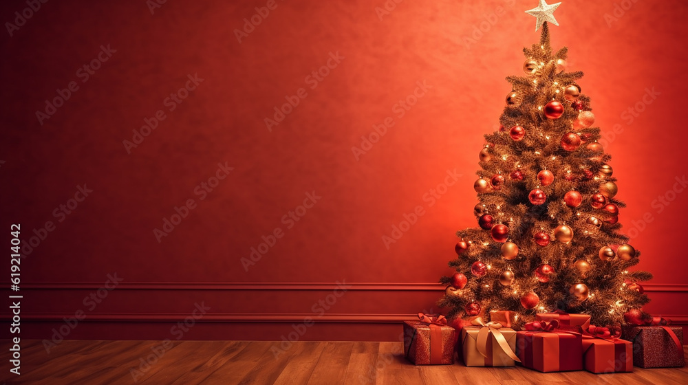 Christmas tree decorated with just lights in minimal style and many different presents on wooden floor, wall background
