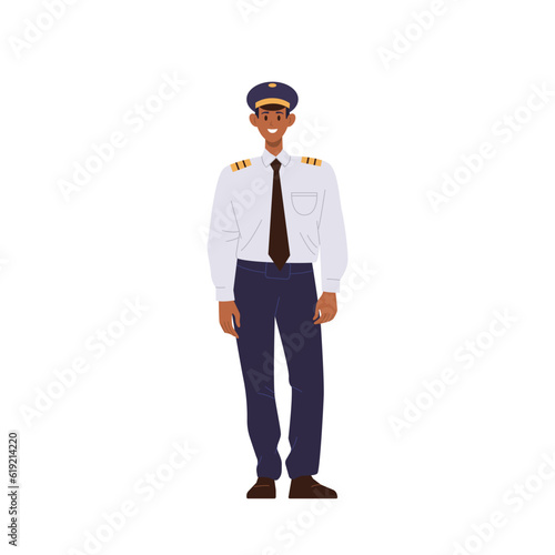 Man pilot in uniform, aviator profession, airplane staff cartoon character against isolated on white
