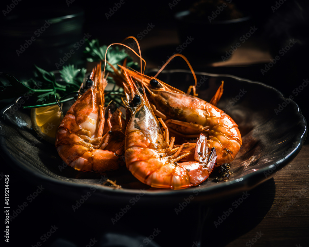 Grilled prawns whole on the plate. Parsley and slice of lemon at backdrop. Black backdrop. Generative AI. Grilled prawns whole on the plate. Parsley and slice of lemon at backdrop. Black backdrop. Generative AI.