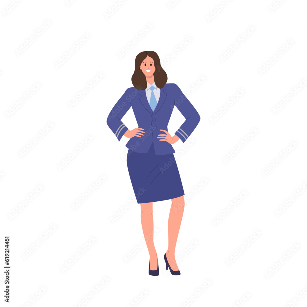 Charming woman stewardess dressed in airline plane crew uniform isolated on white background Charming woman stewardess dressed in airline plane crew uniform isolated on white background