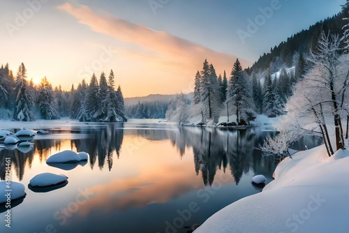 Winter sunrise and lake view - Generative AI