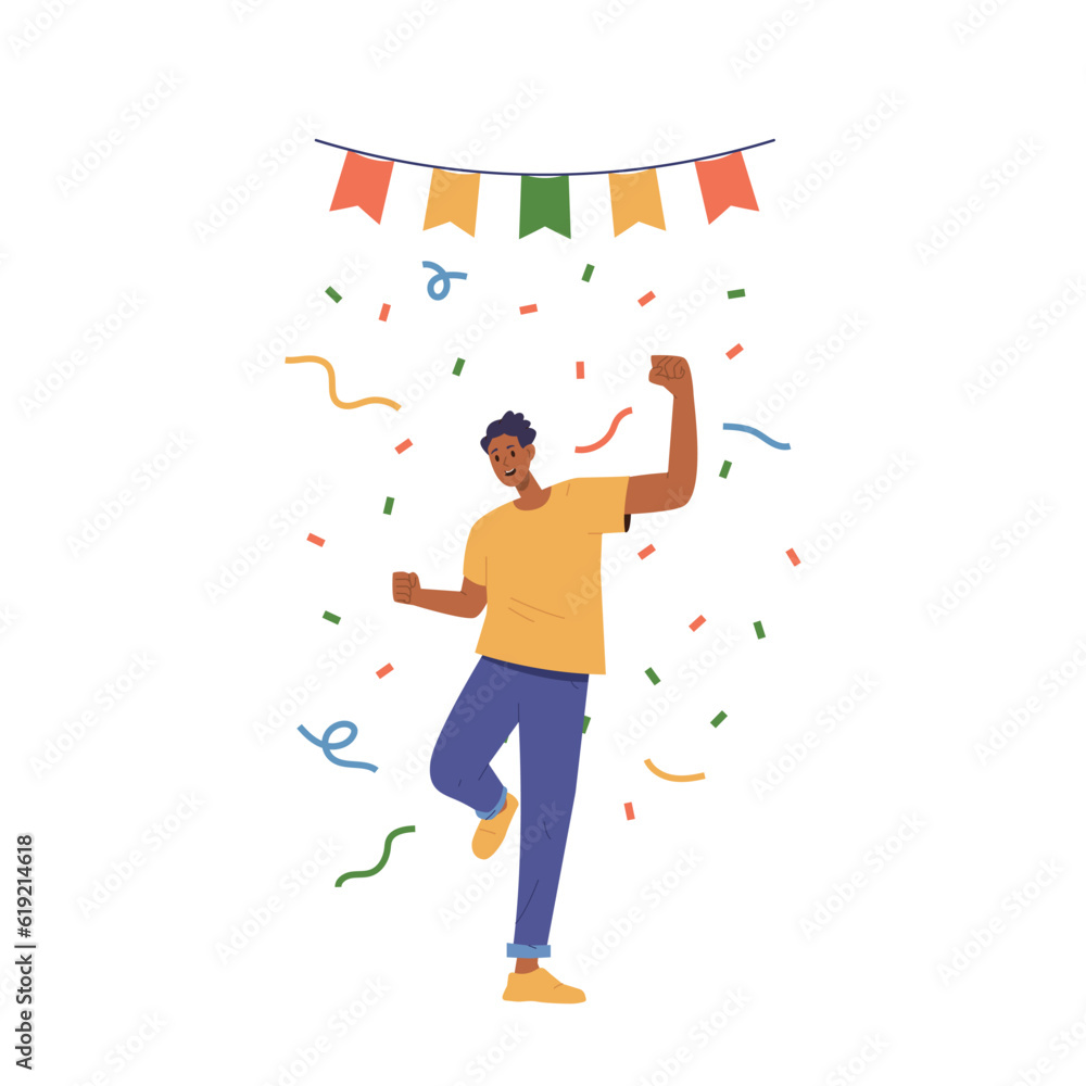 Young smiling man character cheering, celebrating and partying vector illustration isolated on white Young smiling man character cheering, celebrating and partying vector illustration isolated on white