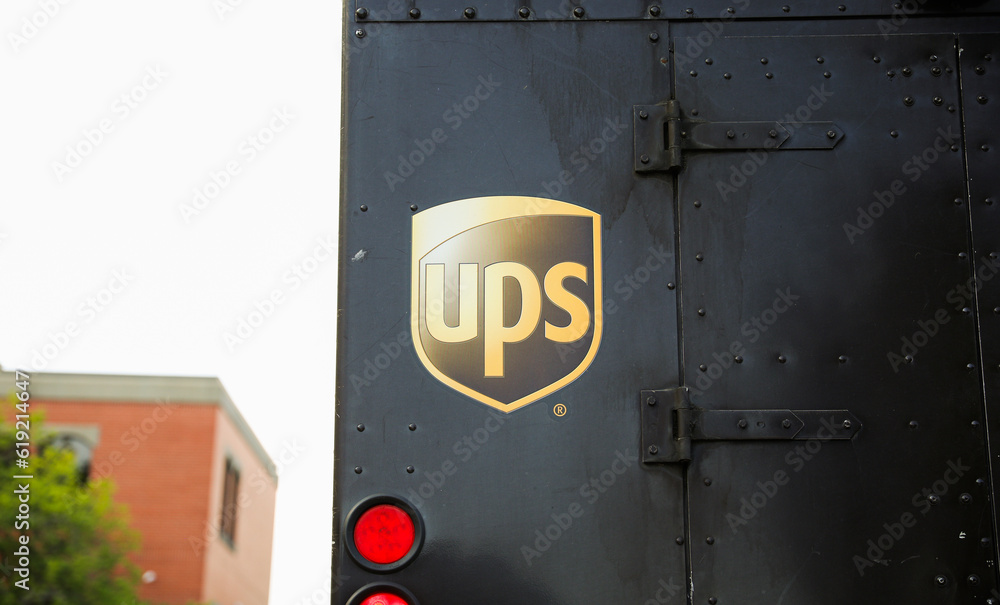 Providence, RI, USA, July 2, 2023, UPS delivery sign, symbolizing efficient delivery and