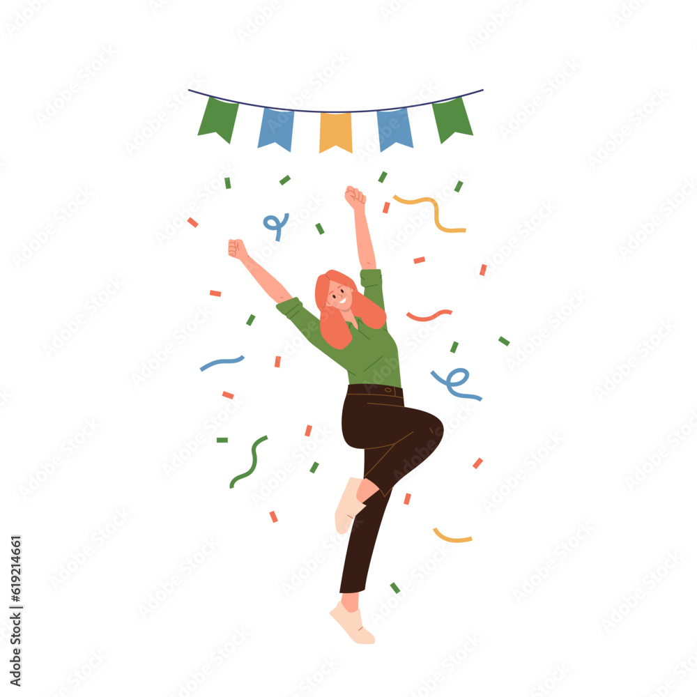 Happy woman character celebrating win or goal achievement jumping from joy and fun under confetti