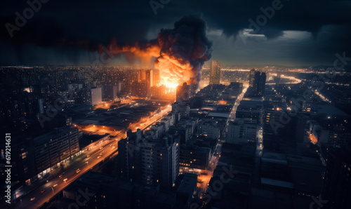 Terrible explosion in the metropolis at night. Enormous cloud of smoke and fire rises in the air. War concept. Missile attack on a peaceful city. Generative AI.