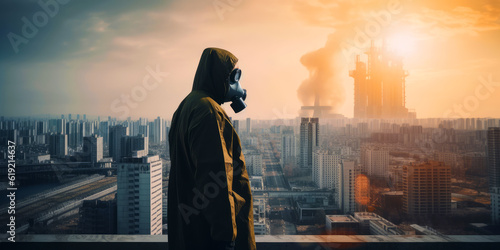 Unknown person wearing protective coat and radiation gas mask stands on top of the building. Post-apocalyptic survivor looks at cityscape covered with smoke. Generative AI.