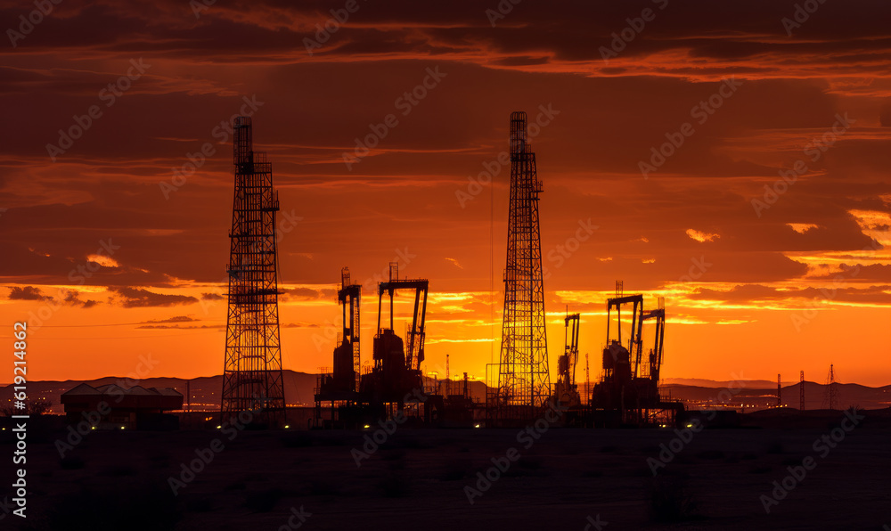 Metal towers and constructions of oil rigs at sunset. Amazing orange sky with clouds at backdrop. Generative AI.