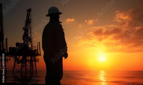 Dark silhouette of a worker in hard hat looking at sunset over the sea. Oil rig at backdrop. Generative AI.