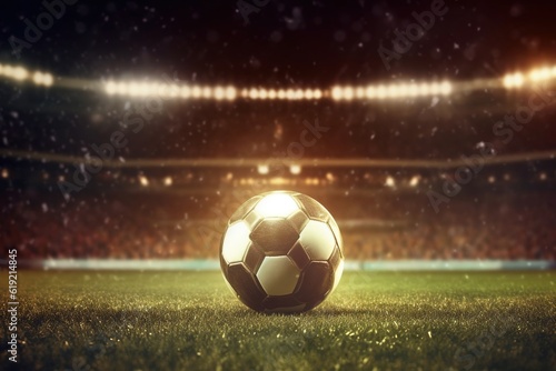 Soccer ball on a stadium with lights. Created with generative AI.