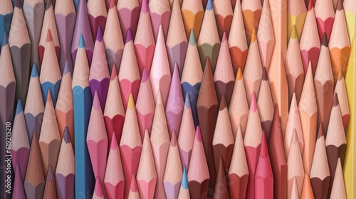 wooden colored pencils. colorful pencils background. Closeup view of colorful pencils. Group of unsharp colored pencils. AI generative