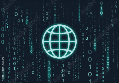 Blue neon earth globe network sign on futuristic program code background. Globe and network connection vector background. 
