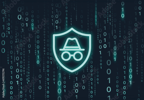 Blue neon shield with incognito mode sign on futuristic program code background. Safety coding and network connection on incognito mode vector background. VPN background.