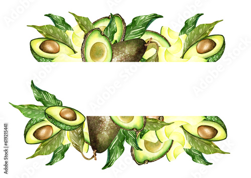Watercolor avocado frame, postcard. Hand drawn botanical illustration. Vegetarian fruit. Half an avocado. Green avocado slices. Fresh fruit.