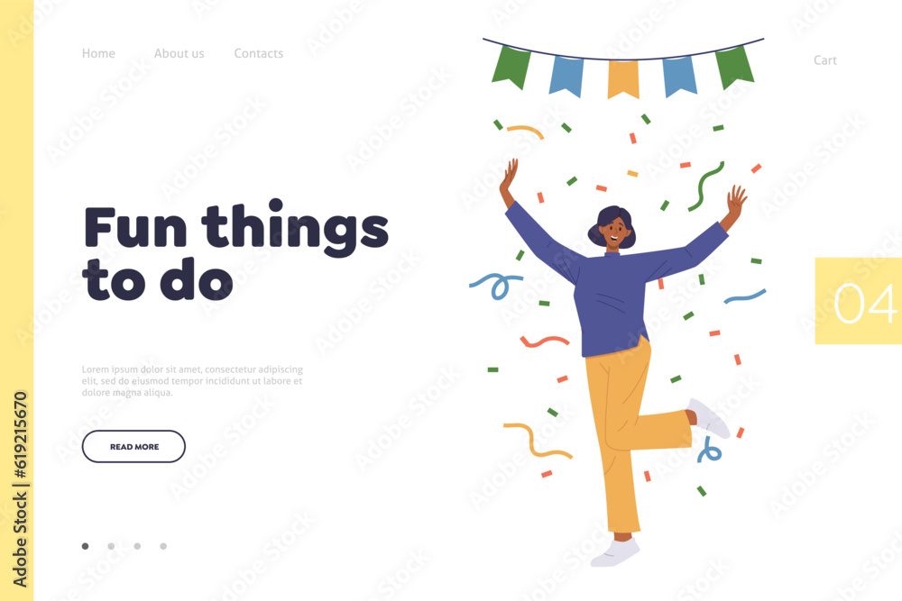 Fun things to do landing page template with happy woman character celebrating party event or success Fun things to do landing page template with happy woman character celebrating party event or success