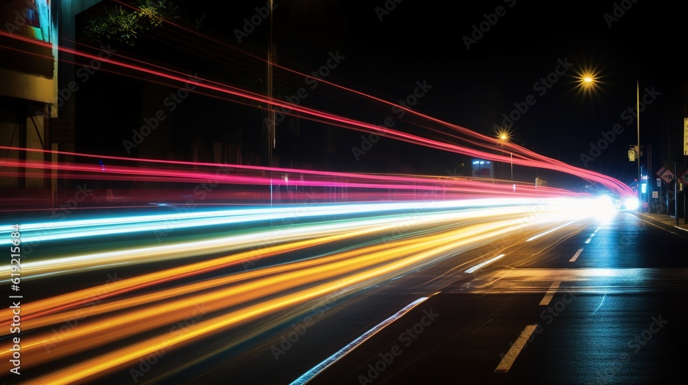Road with light trails of passing vehicles. Motion speed light in city. Dynamic background. Town at night with speed traffic. Generative AI. Illustration for banner, poster, cover or presentation. Road with light trails of passing vehicles. Motion speed light in city. Dynamic background. Town at night with speed traffic. Generative AI. Illustration for banner, poster, cover or presentation.