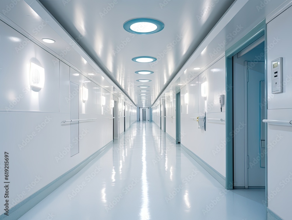 Empty long corridor with many doors, AI generative Empty long corridor with many doors, AI generative