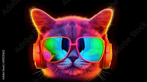 Cool cat in headphones and sunglasses listens to music. Close portrait of furry kitty in fashion style. Generative AI illustration. Printable design for t-shirts, mugs, cases, etc. © Login