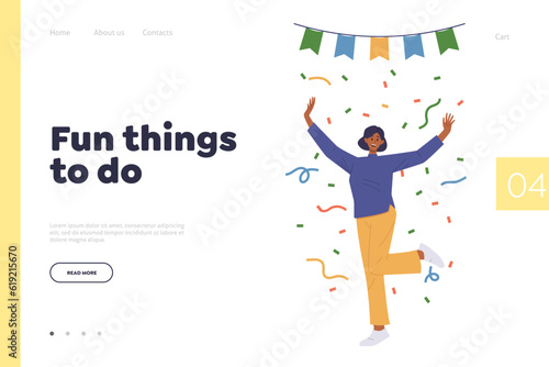 Fun things to do landing page template with happy woman character celebrating party event or success