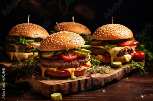 Hamburgers made with beef and vegetables on wooden board, generative ai