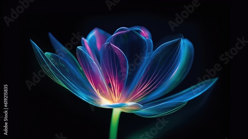 Glass or plastic flower on dark background with beautiful LED light spectrum. Generative AI. Illustration for for banner, poster, cover, brochure or presentation.