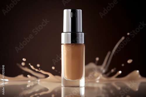 Bottle of makeup foundation and samples on dark background. Cosmetic product presentation. Luxury flying liquid in motion. Feminine copy space, nude, brown template