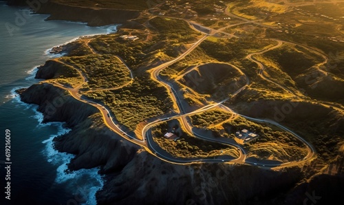  an aerial view of a winding road by the ocean at sunset.  generative ai © Anna