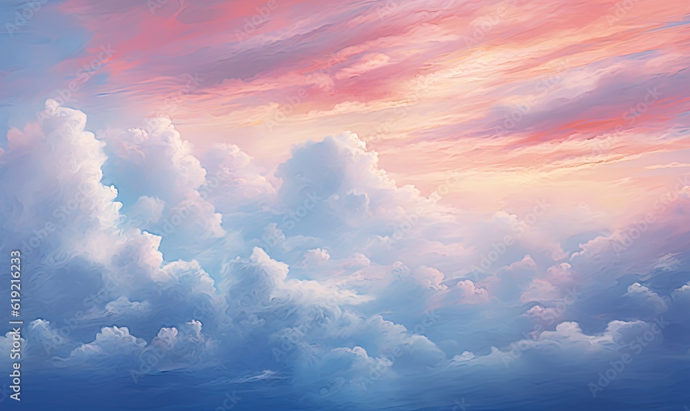 a painting of a sky with clouds and a plane flying in the sky. generative ai a painting of a sky with clouds and a plane flying in the sky. generative ai