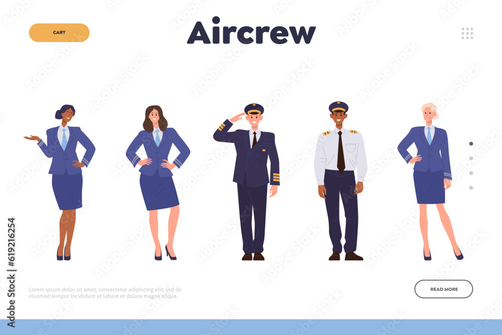 Aircrew landing page design template with professional airplane team characters in uniform