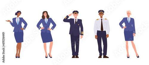 Tableau sur toile Set of aircraft crew staff and team members characters standing isolated on whit