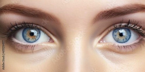 Young beautiful woman with blue eyes, closeup detail to her face, both iris visible. Generative AI