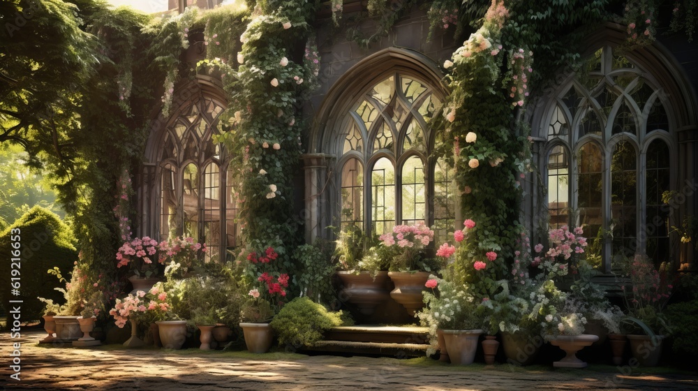 Victorian greenhouse facade with big windows, and plants in blossom. Made with Generative AI.