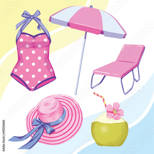 summer vintage set. Hand drawn beach objects: Beach Umbrella tanning chair, polka dot swimsuit, hat, coco drink © Melodiana.Studio