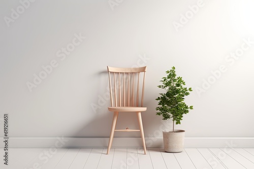 minimalist chair and plant against a white wall. Generative AI