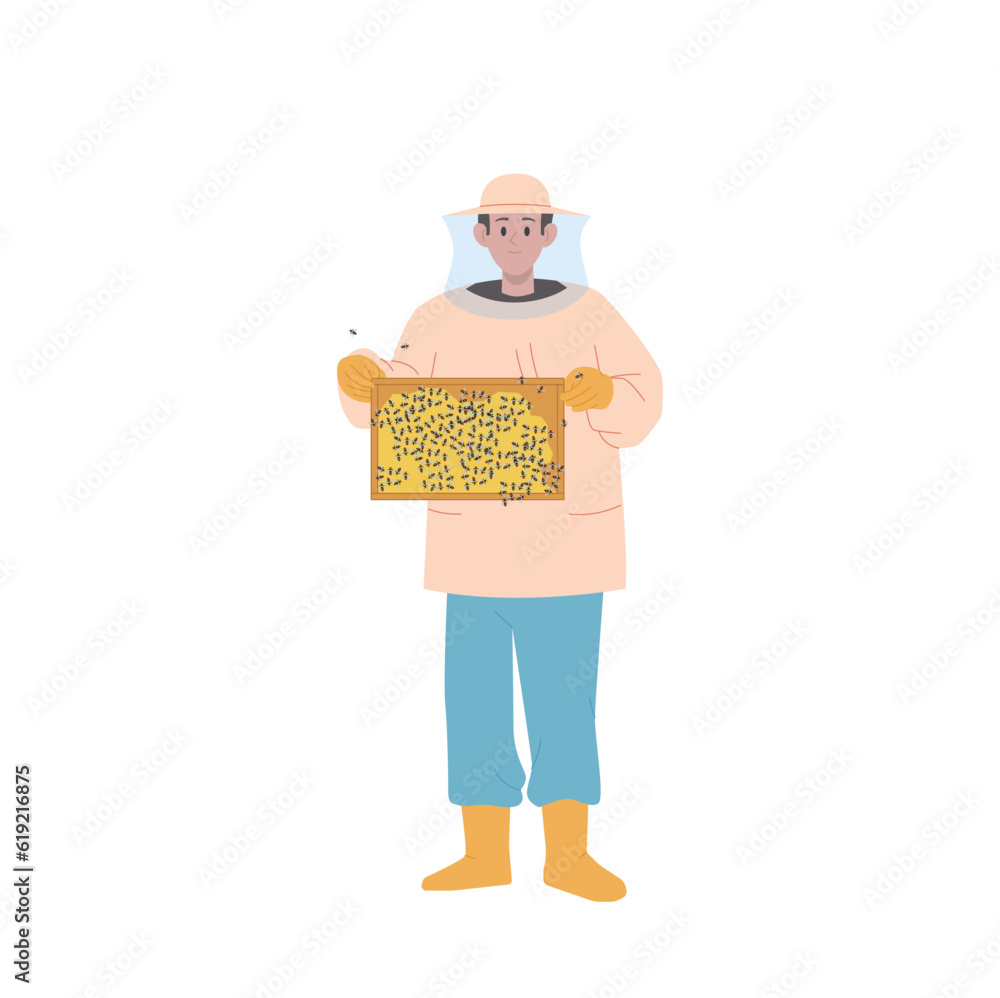 Professional beekeeper cartoon character holding frame with honeycomb and insect, apiculture concept